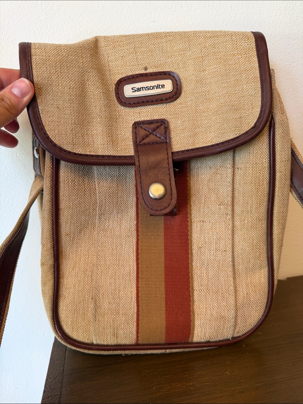 Samsonite Beige Canvas Messenger Bag with Brown Trim and Red Stripe